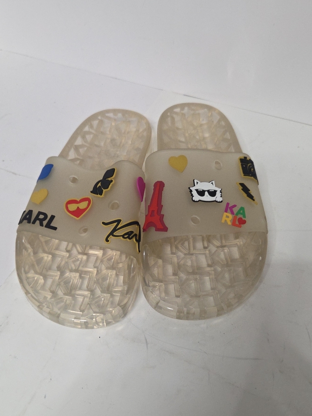 Kids Translucent Beige Jelly Slide Sandals with Colorful Charms Size 6
